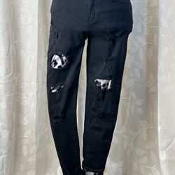 KanCan Women’s 7/27 Black Distressed Leopard Patch Boyfriend Jeans
