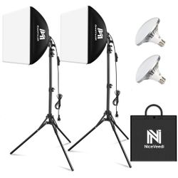 Softbox Lighting Kit, NiceVeedi 2-Pack 16'' x 16'' Softbox Photography Lighting Kit with 63” Tripod Stand & 5400K 450W Equivalent LED Bulb, Continuous