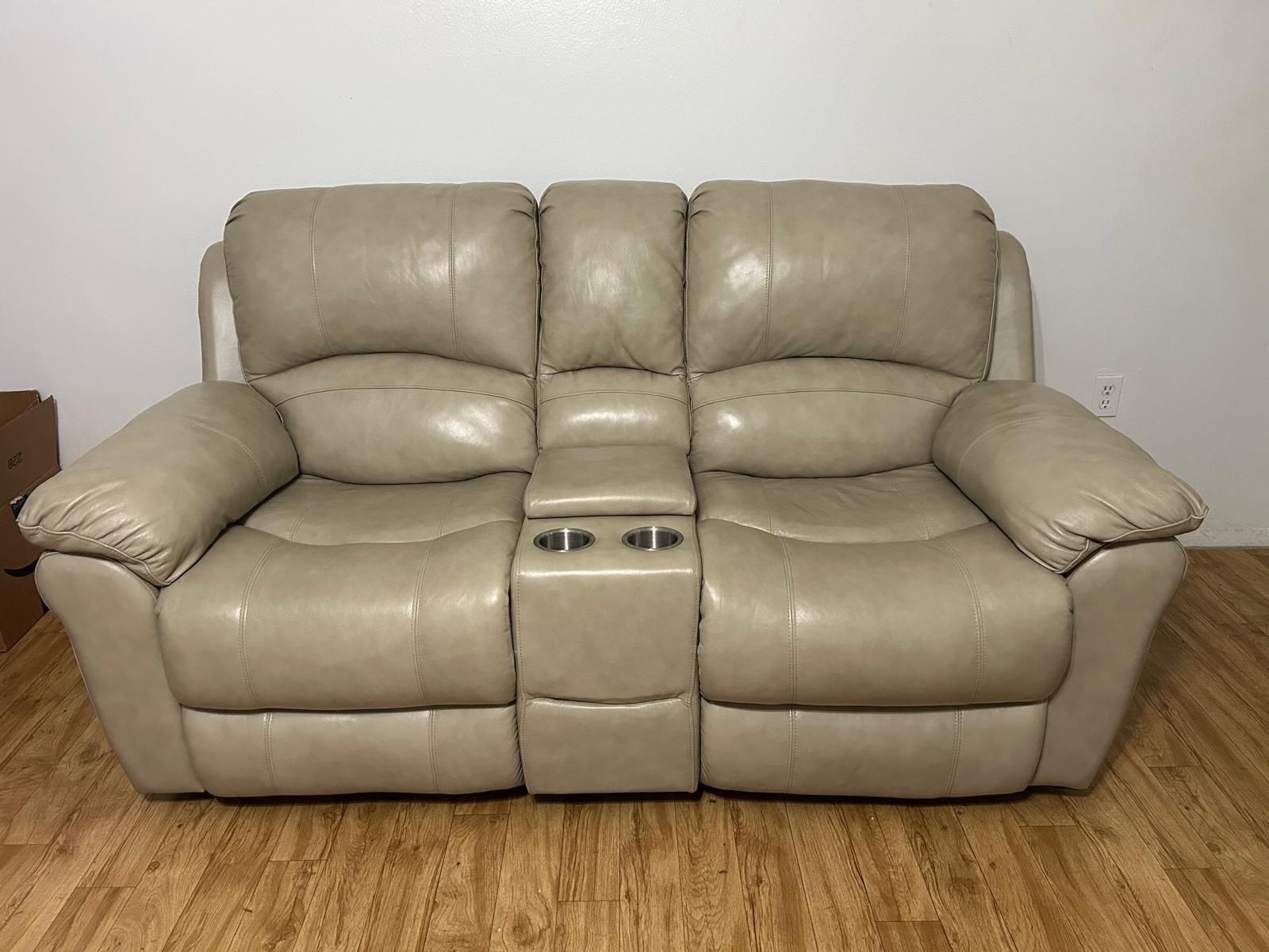 Stone Leather Power Reclining Console Loveseat, Leather Recliner Sofa, Electric