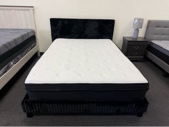 Queen bed frame in black corduroy no box spring needed