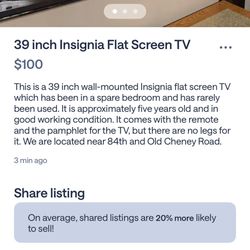 39 inch Insignia Flat Screen TV $100 Or Best Offer