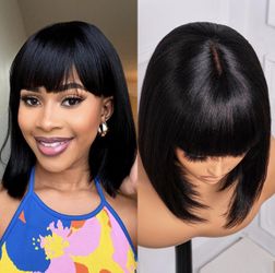 Human Hair Bob Wig With Bangs - 12 Inch Short Black Bob