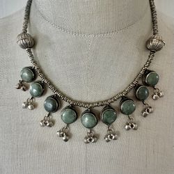 Tribal Silver Necklace with Nephrite Jade & Bells