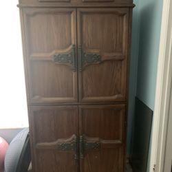 Vintage Wood Armoire Cabinet with Drawers and Shelves