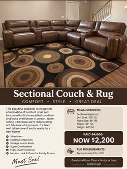 Brown Leather Sectional Couch with Rug