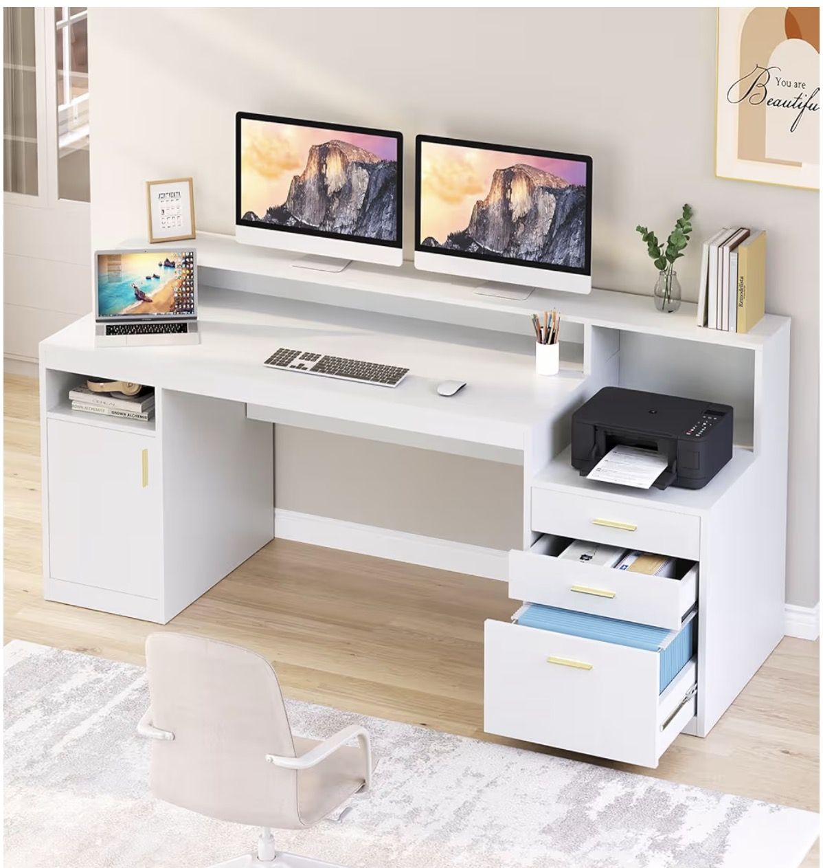 White Executive Desk with File Cabinet