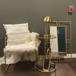 MODERN GOLD & WHITE DECOR BUNDLE – Accent Chair, Lamp, Mirror, Table + More (USED)
