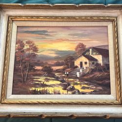 Iolanda Rizzo Vintage Large Oil Painting on Canvas Signed Country Side Theme