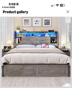 New in box King Bed Frame with Storage Headboard, Farmhouse Wood Bed Frame King Size with 4 Drawers, LED Light & Charging Station, Metal Slats Support