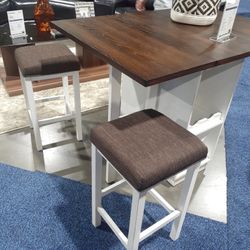 Farmhouse Rustic 5 Piece Counter Height Dining Set Glassware Rack And Wine Storage Stools Upholstered With Linen Like Fabric Brand New Firm Price $499