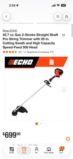 42.7 cc Gas 2-Stroke Straight Shaft Pro String Trimmer with 20 in. Cutting Swath and High Capacity Speed-Feed 500 Head new $620 firm