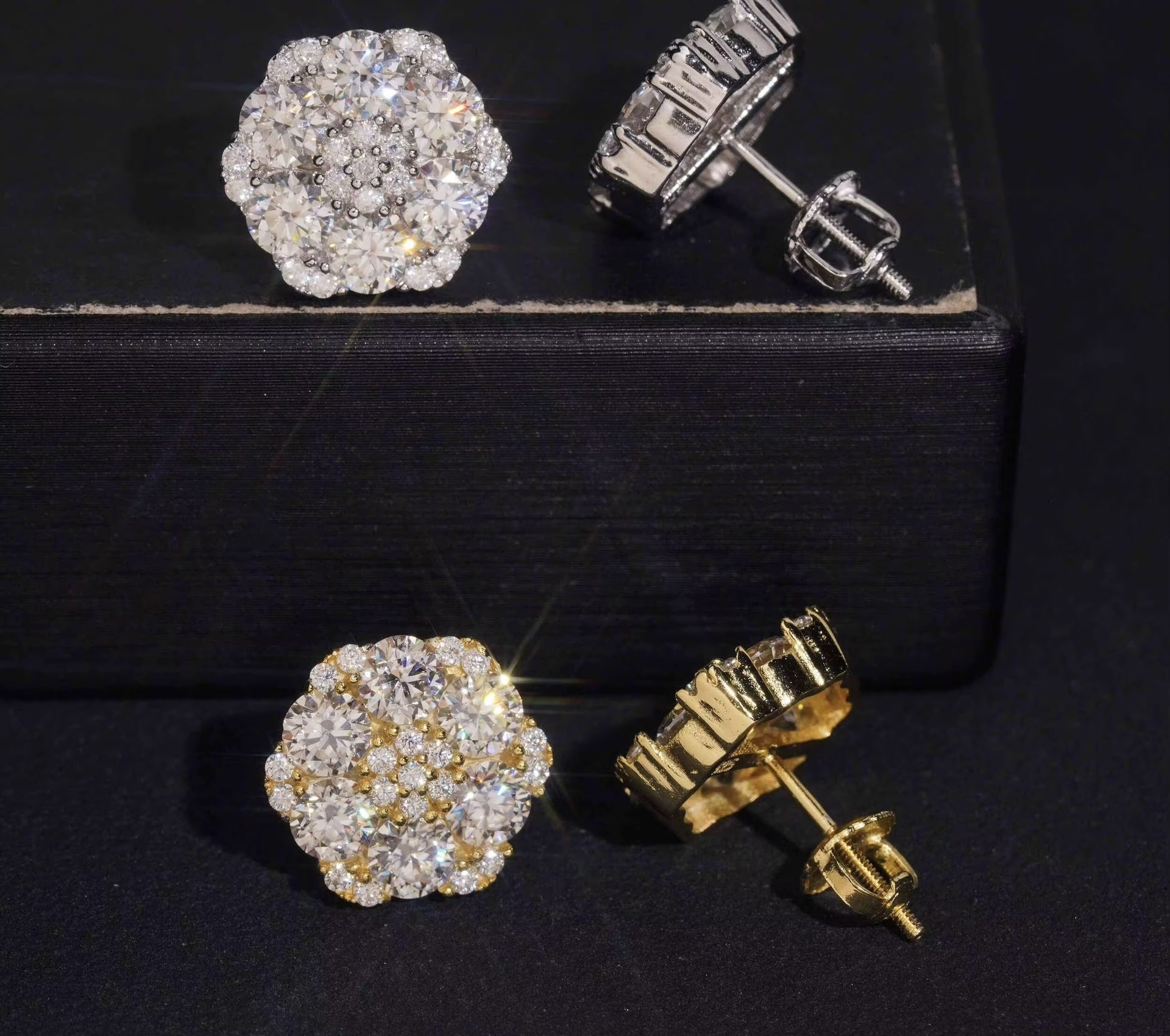 Bling Iced Out Strew Back Round 925 Silver 13mm Hiphop VVS Moissanite Diamond Cluster Stud Earrings