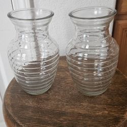 2 RIBBED CLEAR VASES