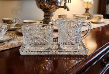 Vintage Cut Glass Pinwheel Creamer, Sugar Bowl & Tray Set (3-Piece)