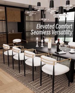 Mid-Century Modern Boucle Dining Chairs set of 6, Brushed Gold Armchairs with Black Metal Legs and Upholstered Cushion, Sherpa Accent Chairs for Livin