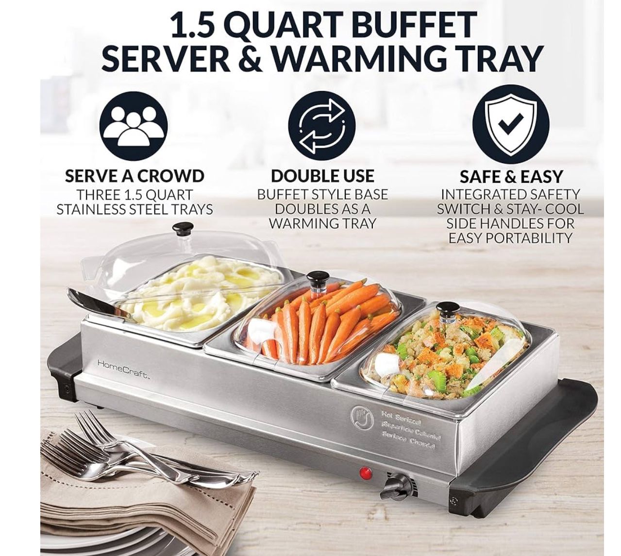 HomeCraft 3-Station Buffet Server & Warming Tray