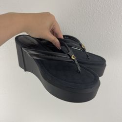 COACH Black Leather Y2K Franki Monogram Chunky Platform Thong Sandal Flip Flops