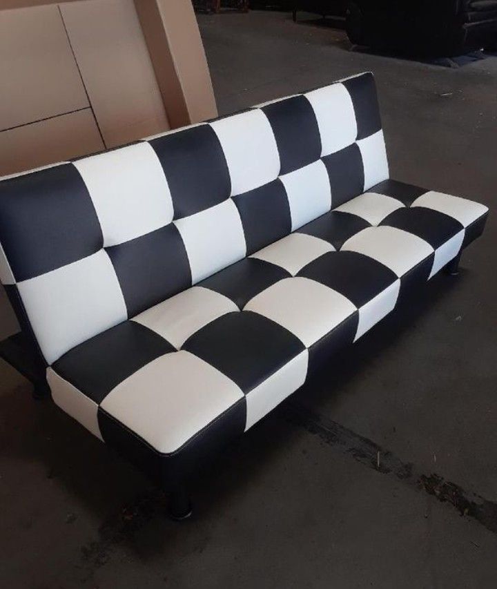 Brand New White & Black Checkered Leather Tufted Futon