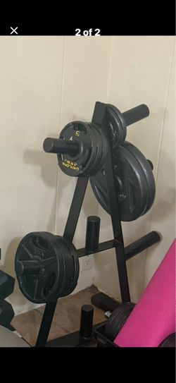 Barbell bench with barbell and weighted plates