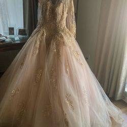 Sweet 15 morilee nude gold quince dress for sale, style 34086. Exclusive deal!