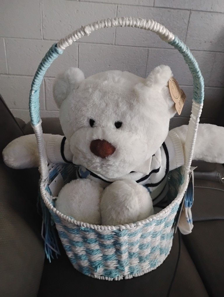 Teddy Bear In Basket Comes With Socks And Outfit For Baby