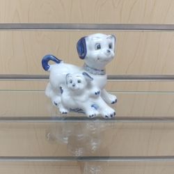 Porcelain Dog & Puppy Figurine ( NEW ) white / Blue / Gold