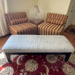 Ottoman, Bench, 2 Slippers Chairs And Lamp