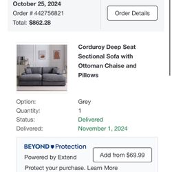 Corduroy 82” Sofa With Ottoman 