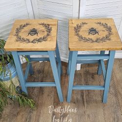 Stools/Bar Stools/Dining Room Decor/ Indoor Patio Decor/Wood Stools/Set of 2/Rustic Two Tone Finish/Handpainted/Unique  Find/