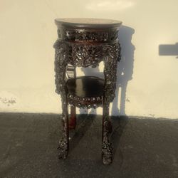Antique Chinese Rosewood Carved Dragons Marble Top Plant Stand, late 19th Century