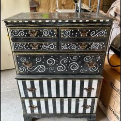 Hand Painted Black And White Decorative 4 Drawer Dresser. Solid Wood