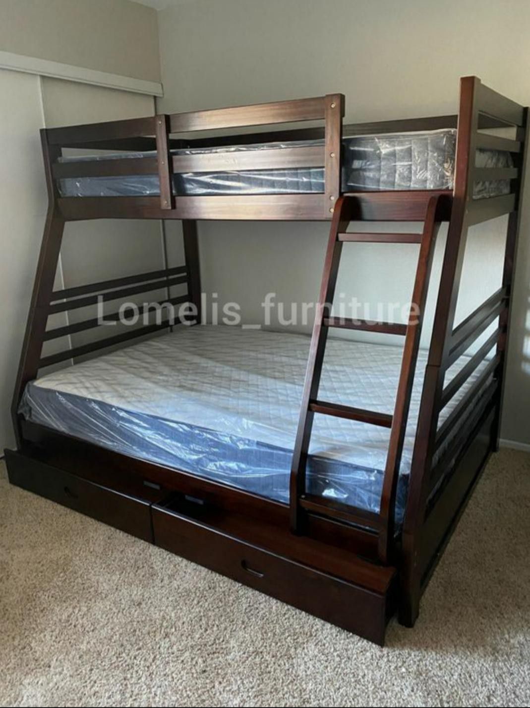 TWIN/FULL BUNK BEDS W MATTRESSES INCLUDED.