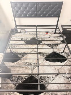 Black Metal Platform Bed Frame w/ Tufted Headboard