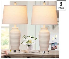 🔥 LAST SET! Farmhouse Touch Control Table Lamps Set of 2 w/ USB & AC Outlet – $79