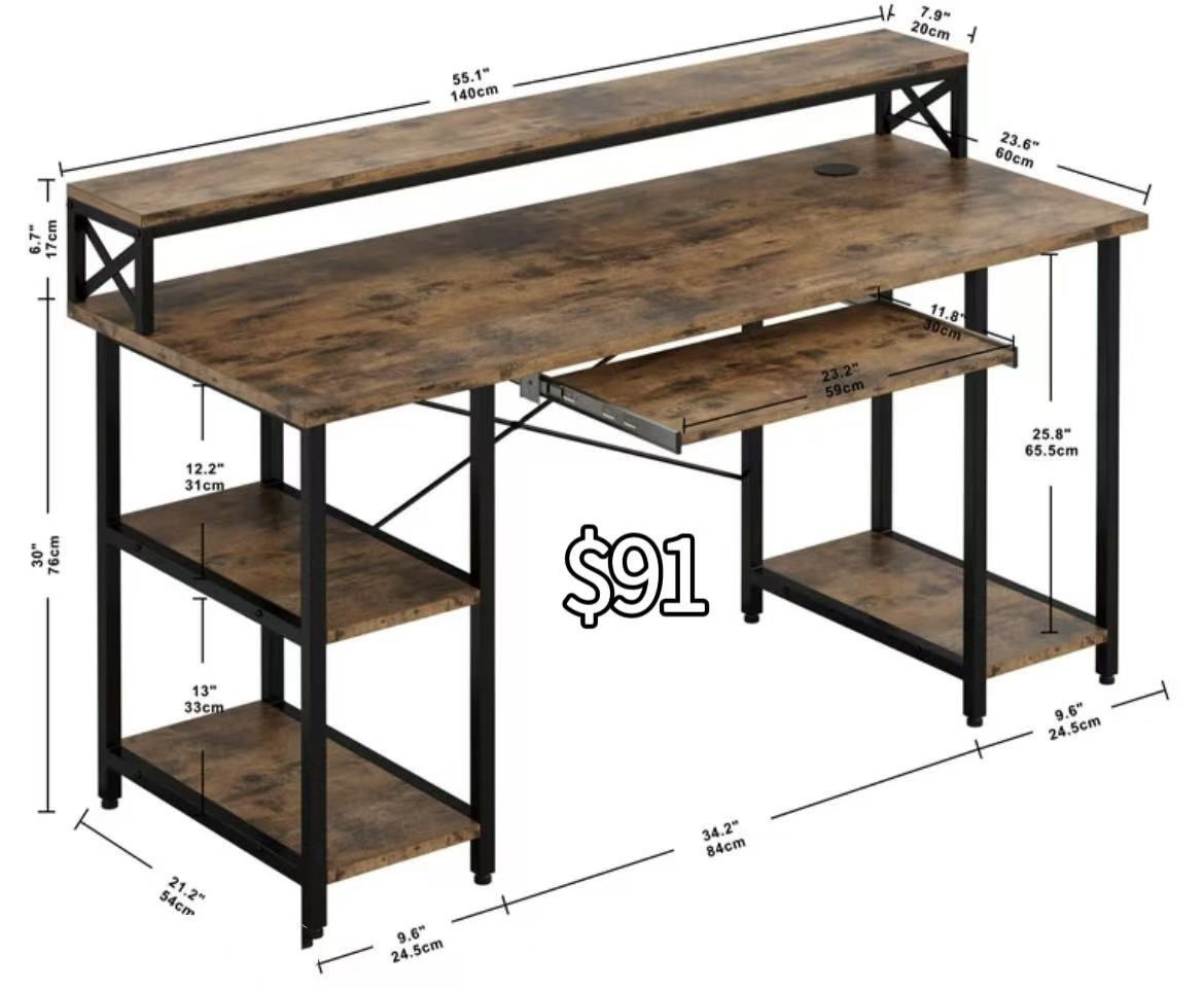 😀Computer Desk with Power Outlet, Office Desk with Storage Shelves, Gaming Desk with Monitor Stand