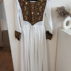 Traditional Afghan White & Gold Dress 
