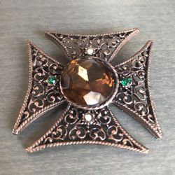 Vintage Maltese Crest Center Topaz Rhinestone Filigree Antique Gold Brooch Large 