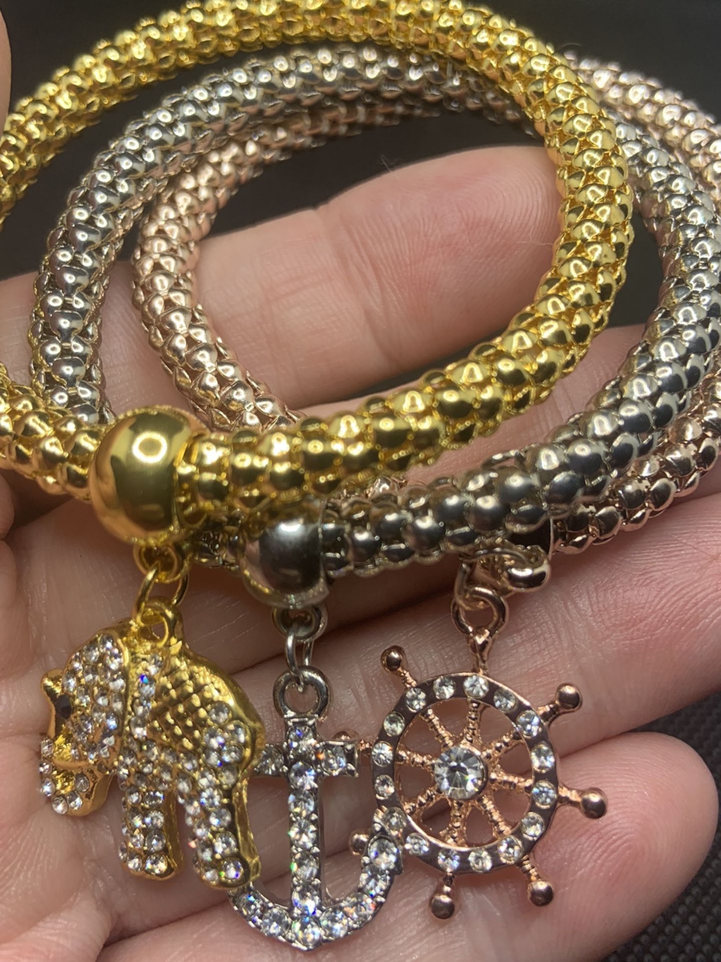 SET OF 3 DIAMOND MULTITONE CHARM BRACELETS 