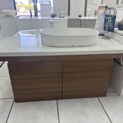 48” Floating Solid Wood Bathroom Vanity With Quartz Top Vessel Sink