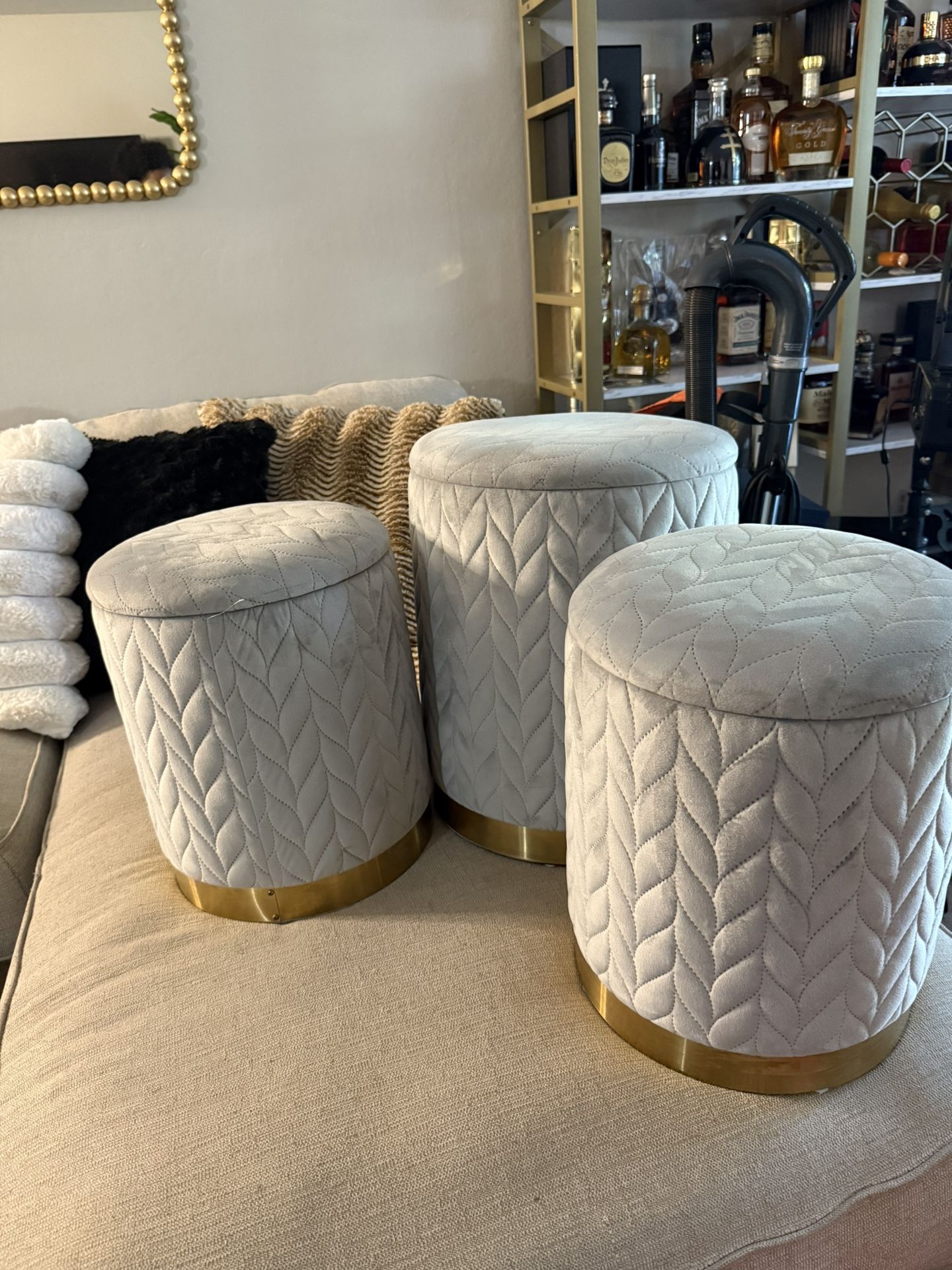 Three Gold And Grey Storage Stools