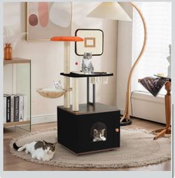 50" Cat Tree with Cat Litter Box Enclosure, 2-in-1 Cat Tower, Cat Condo with Scratching Posts, Hammock, Modern Style Cat Tree Tower for Indoor Cats, B