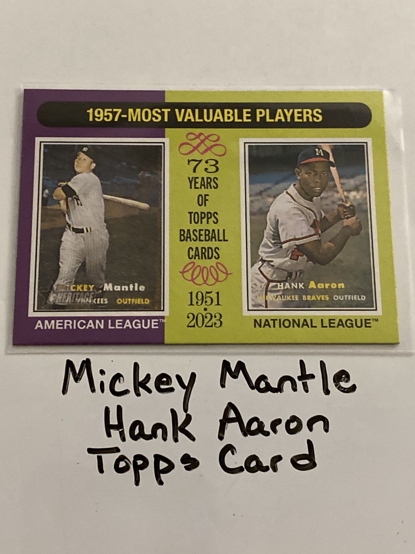 Mickey Mantle New York Yankees Hank Aaron Atlanta Braves Hall of Fame Outfielders Topps Card.