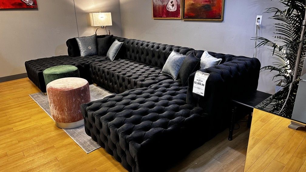 Black Color Velvet Upholstered U Shaped Modular Sectional Couch 🌟⭐$39 Down Payment with Financing ⭐ 90 Days same as cash