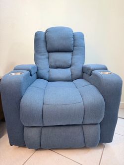 Blue Fabric Recliner Chair with Cup Holder