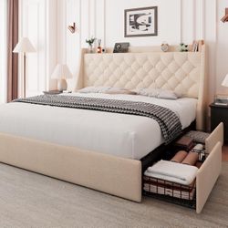 Upholstered Queen Bed Frame, Tufted Wingback 