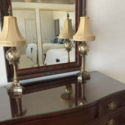 Mid Century Pair Of Regency Style Brass And Crystal Table Lamps With Silk Shantung Shades