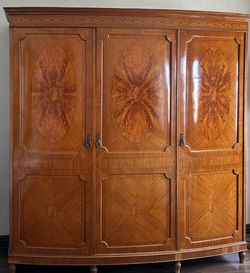 Exquisite Large Vintage Inlaid Mahogany Armoire Wardrobe  Curved Three-Piece Statement Cabinet