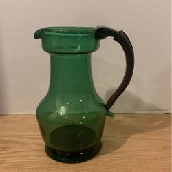 Vintage Hand Blown Green, Italian Pitcher Wine Decanter, 9“ X 6“ Made In Italy A6