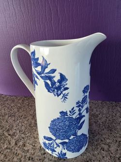 White Ceramic Pitcher with Blue Floral Print