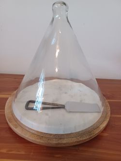 NEW! Crate & Barrel Glass Dome with Marble and Wood Base Server